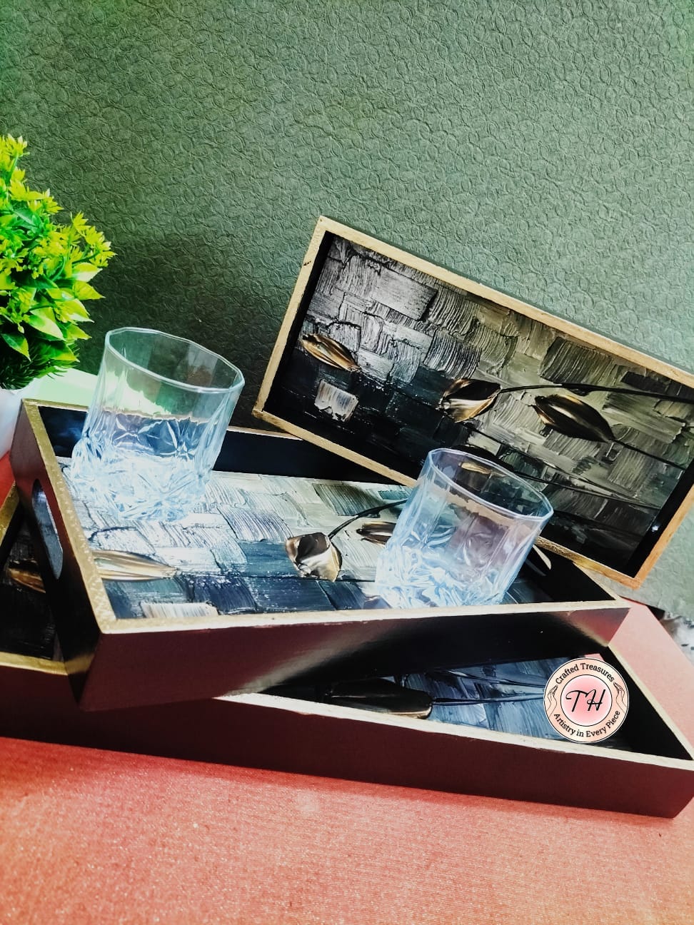 wooden trays with epoxy print  , set of 3 trays for home/ office/ gift item